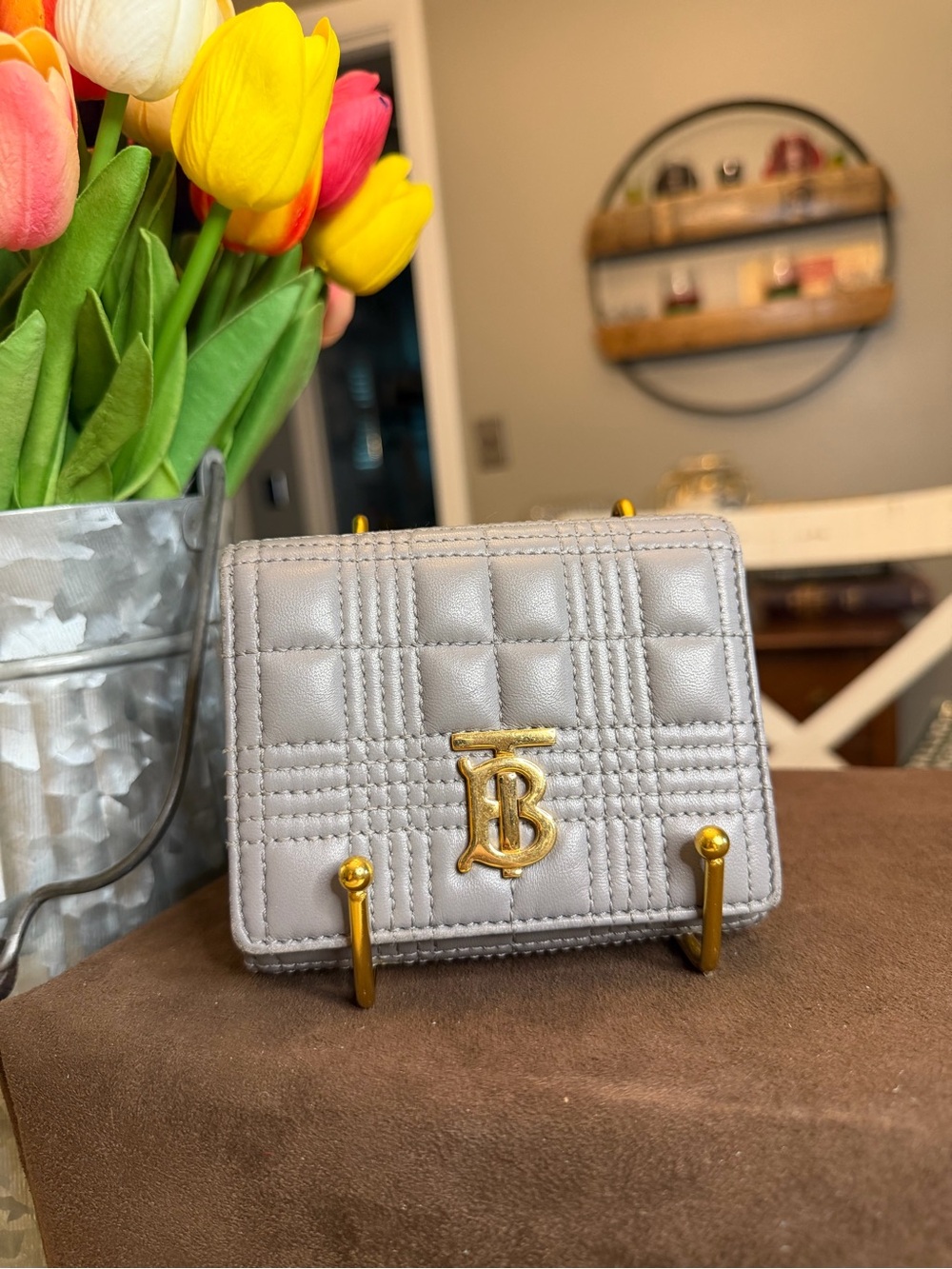 *EUC* Burberry Lola Quilted Leather Compact Wallet - Cloud Grey w/ Gold Hardware